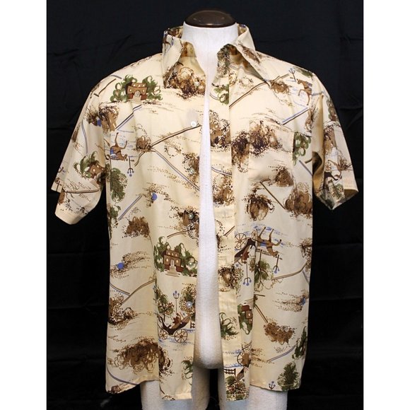 VTG 70s Jp2 Bardon Inc Men XL Beige Shirt Button Up Collared Short Sleeve Horses - Picture 2 of 10